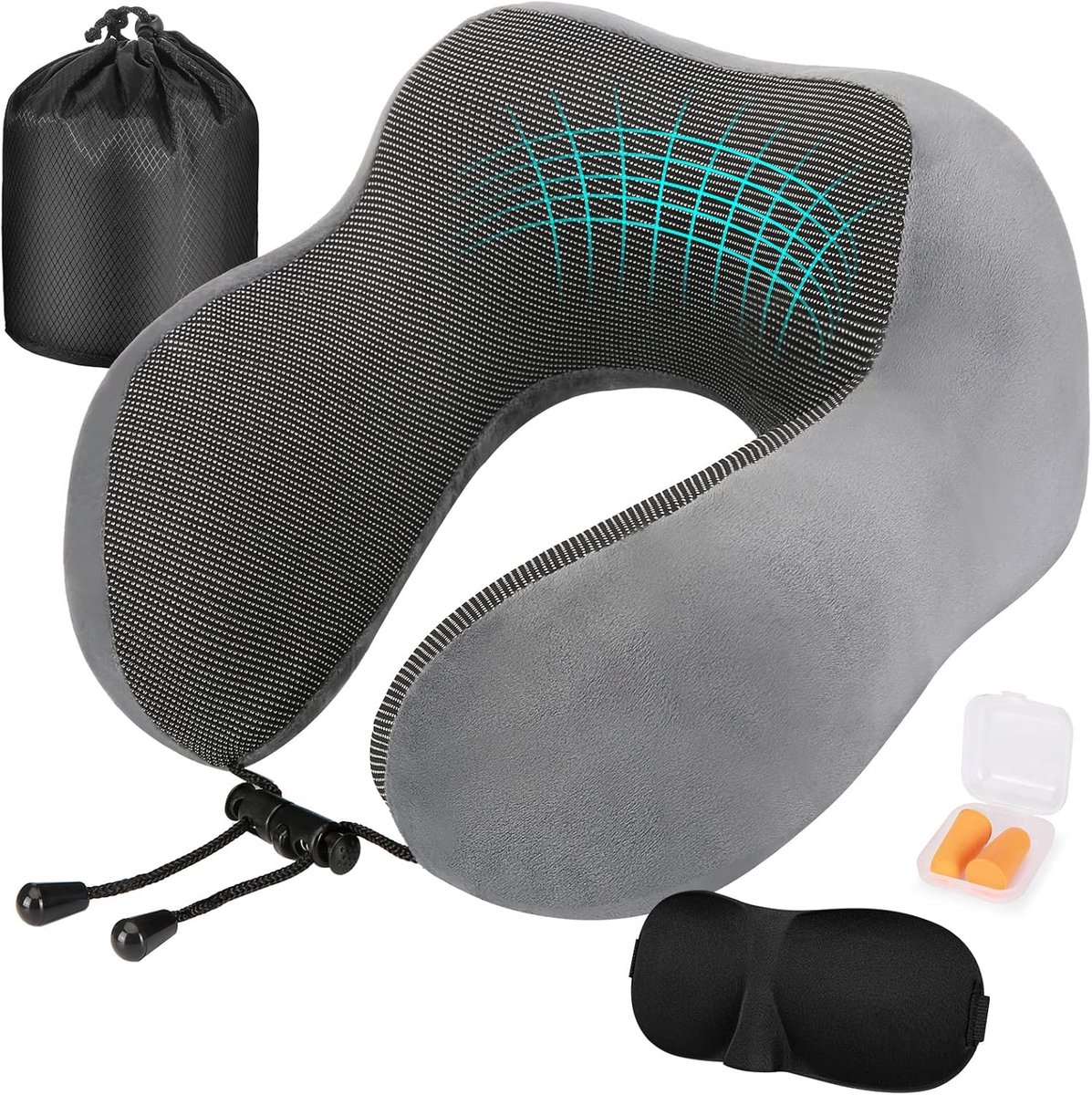 SNJY® Nekkussen Vliegtuig - Nekkussen Memory Foam - Reiskussen Traagschuim - Grijs