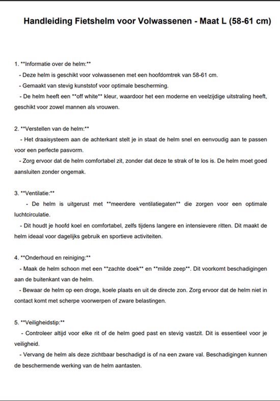 Fietshelm - Volwassen - Verstelbaar - Maat M 54-58 cm - off white van Merkloos — afbeelding 5