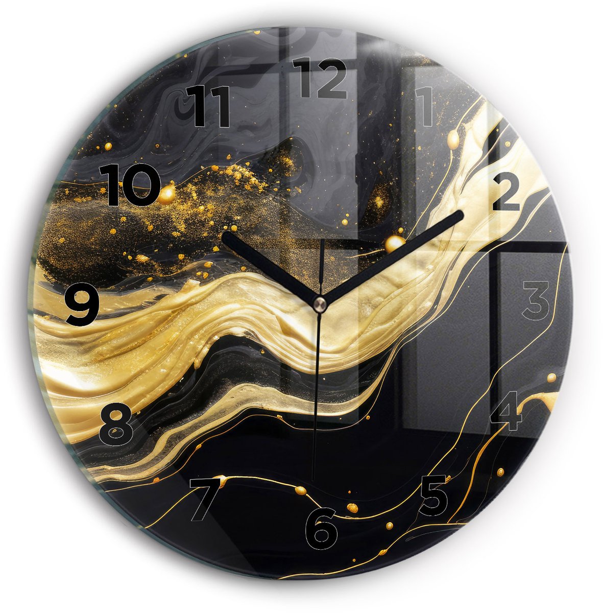 Wallfluent Wandklok - Gouden marmer Klok met Print - 30 cm x 30 cm - Gouden Wandklok - Zwarte Handen - Wandklok Met Cijfers - Wandklok voor in de Keuken - Ronde Glas Klok - Scandinavisch Wandklok - Klok met Print