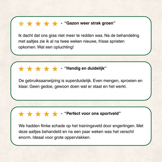 Drie getuigenissen met 5 sterren over de producten tegen ongedierte. Een over gras dat weer groen wordt, een over gebruiksgemak en een over sportvelden.