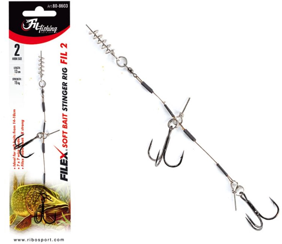 Filex Soft Bait Stinger Rig 'FIL2' - Dubbele Dreghaak maat #2 - 13cm - 15kg - Speciaal voor Softbaits van 14-18cm - Roofvissen Onderlijn