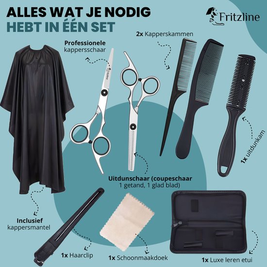Fritzline 9-delige Kappersset - Kappersscharen - Kappersmantel - haar schaar - kapper - schaar kapper - uitdunschaar - uitdunschaar kapper - professionele kappersset - kappersmantel - kapmantel - kapper spullen