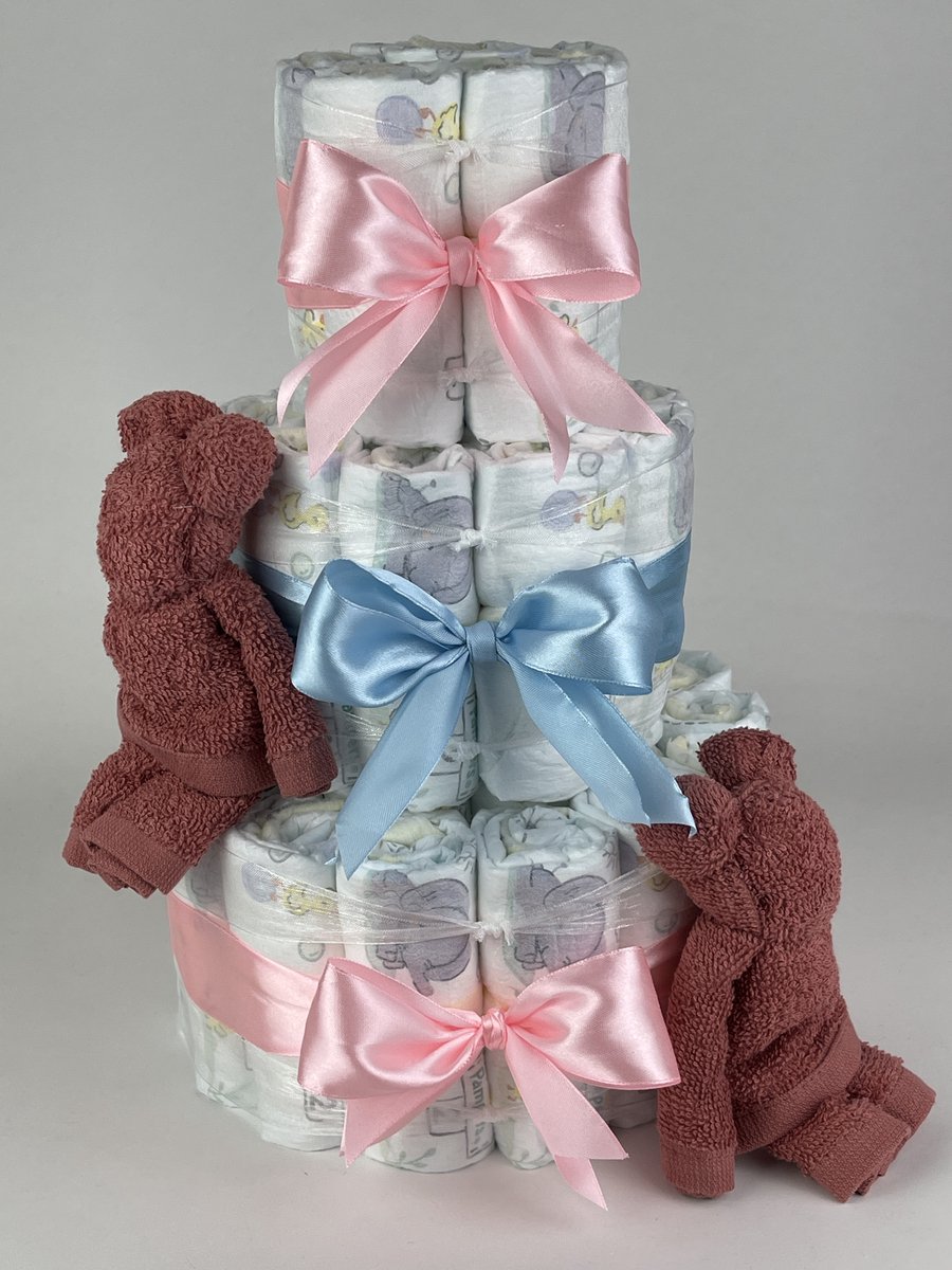 Chouette-Chouette | Luiertaart Neutraal | Kraamcadeau | Geboorte Jongen Meisje | Babyshower | Beren Koper - Roze - Blauw
