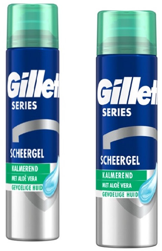 Twee bussen Gillette Series scheergel kalmerend met aloë vera voor de gevoelige huid.