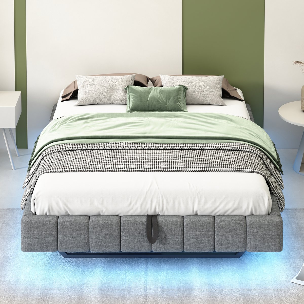 Merax Gestoffeerd bed 180x200 cm - met opbergruimte zwevend bedframe - met LED-verlichting - zonder rugleuning tweepersoonsbed - Grijs - zonder matras