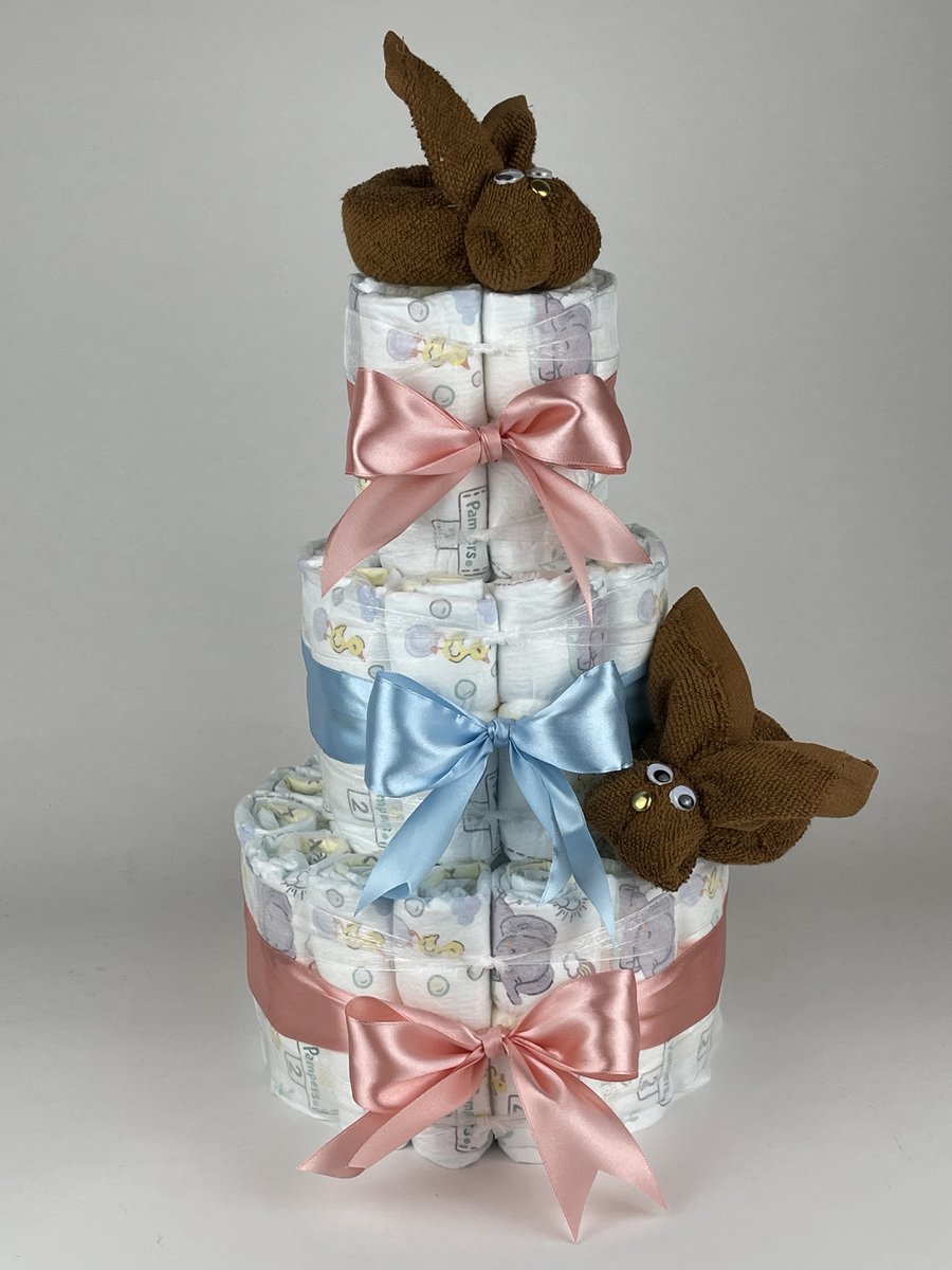 Chouette-Chouette | Luiertaart Neutraal | Kraamcadeau | Geboorte Jongen Meisje | Babyshower | Konijnen clay Bruin - donker Poeder Roze - Blauw