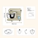 Crème keukenmachine met RVS mengkom, maat 33,4 cm hoog en 36,9 cm breed, met accessoires.