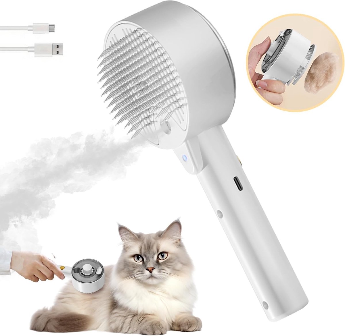 4 in 1 kattenstoomborstel, hondenkattenborstel, lang en kort haar, zelfreinigende kattenstoomborstel, spraykam voor huisdieren, katten, honden en konijnen, massage, verzorging en ontharing (wit)