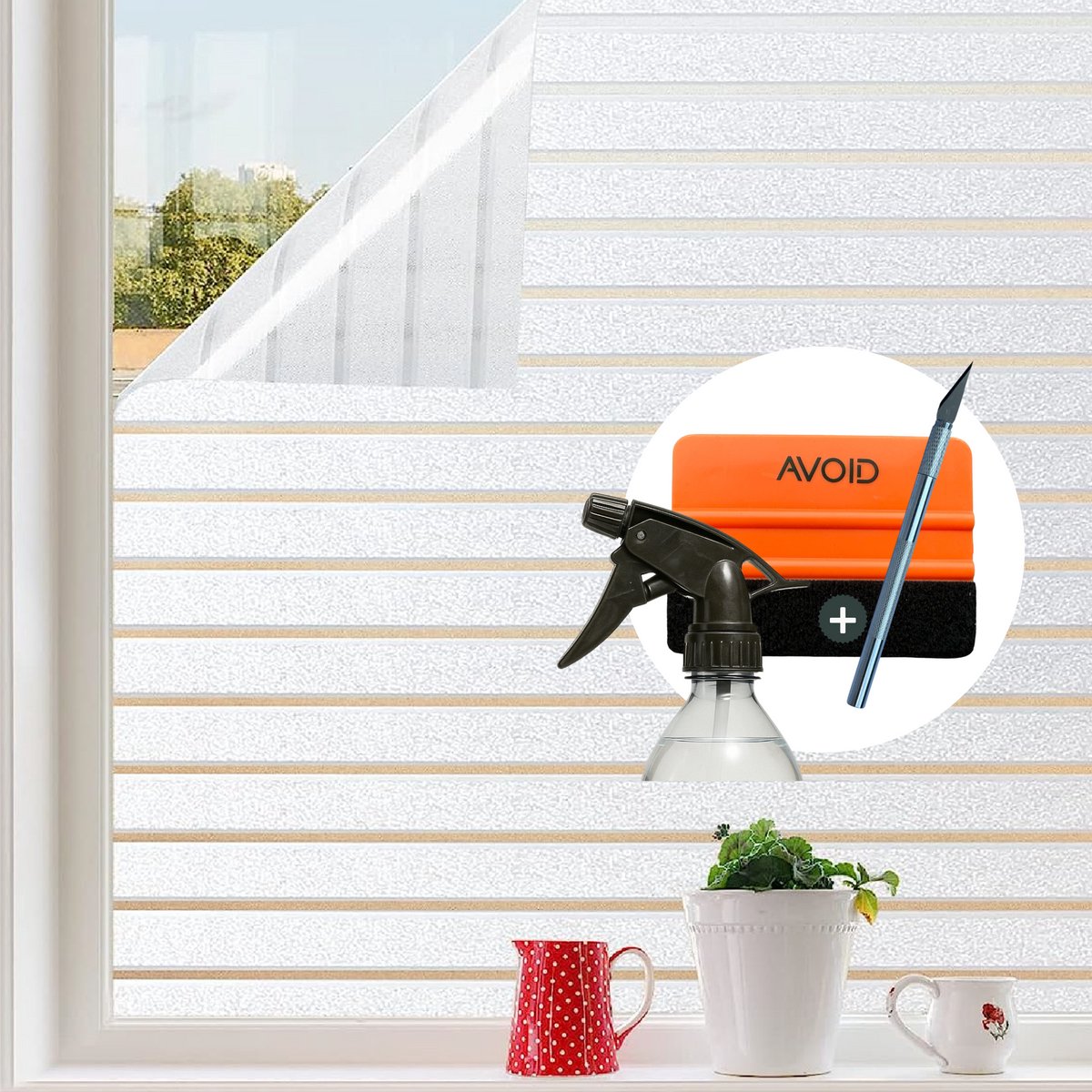 AVOID® Statische HR++ Raamfolie met Horizontale Strepen – 90x300 – Privacy & Zonwerend – Geschikt voor HR++ Glas – Incl. Rakel en Mesje