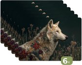Napperons - 6 pièces - 45 x 30 cm - Sets de table en plastique - Loup - Fleurs - Nature - Dessous de Assiettes - Décoration de table - Accessoires de décoration de table de Cuisine - Dessous de plat en Vinyl - Décoration de table