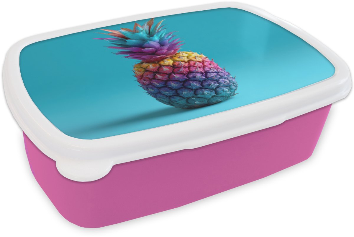 Broodtrommel Roze - Lunchbox Ananas - Regenboog - Blauw - Popart - Brooddoos 18x12x6 cm - Brood lunch box - Broodtrommels voor kinderen en volwassenen