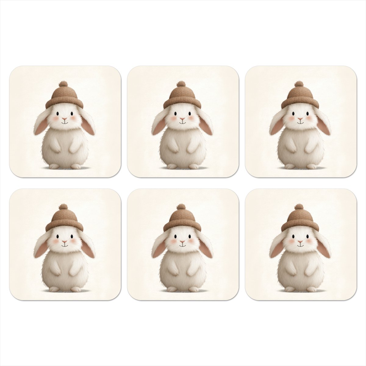 Onderzetters voor glazen - Konijn - Muts - Oren - Beige - 10x10 cm - Glasonderzetters - 6 stuks