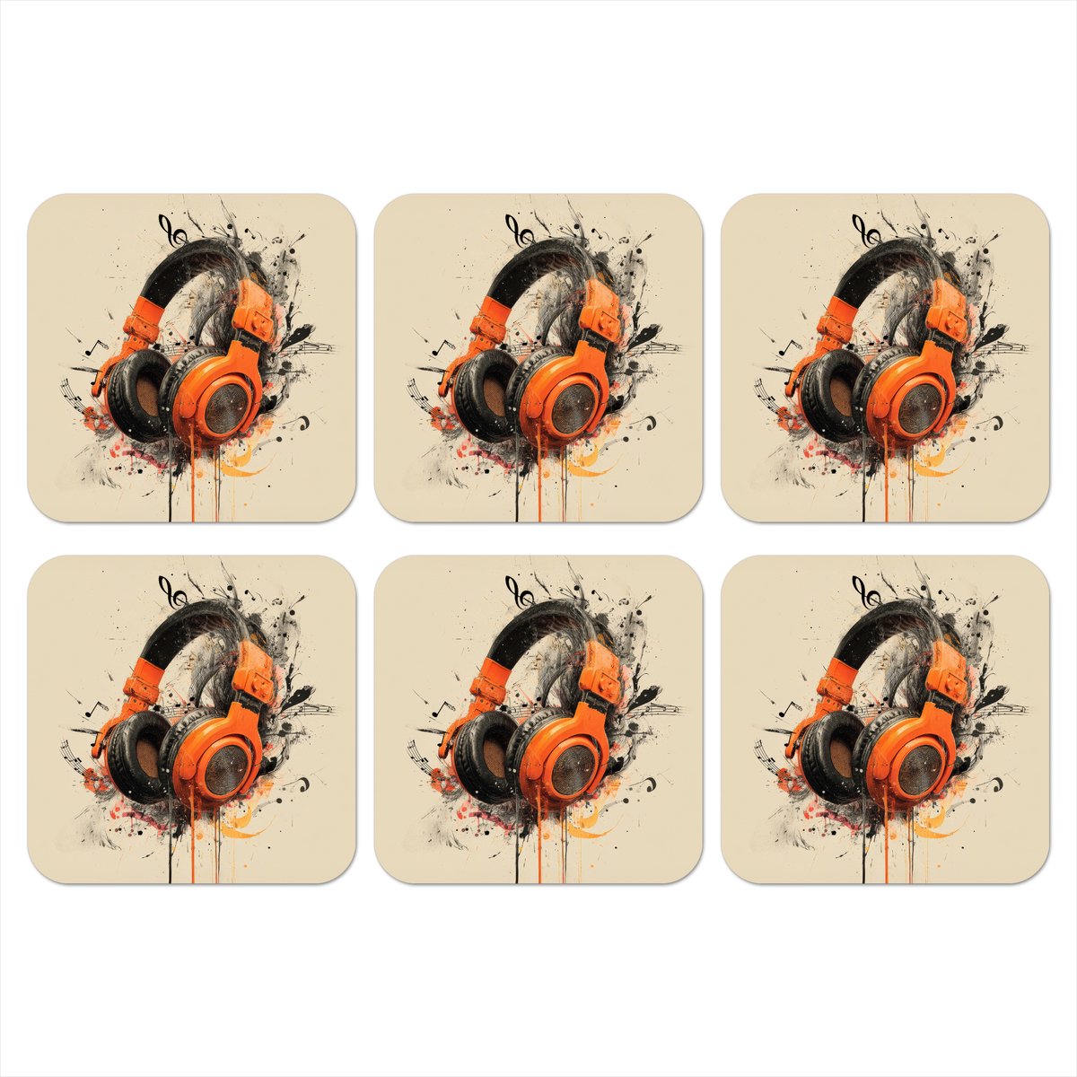 Onderzetters voor glazen - Koptelefoon - Oranje - Explosief - 10x10 cm - Glasonderzetters - 6 stuks