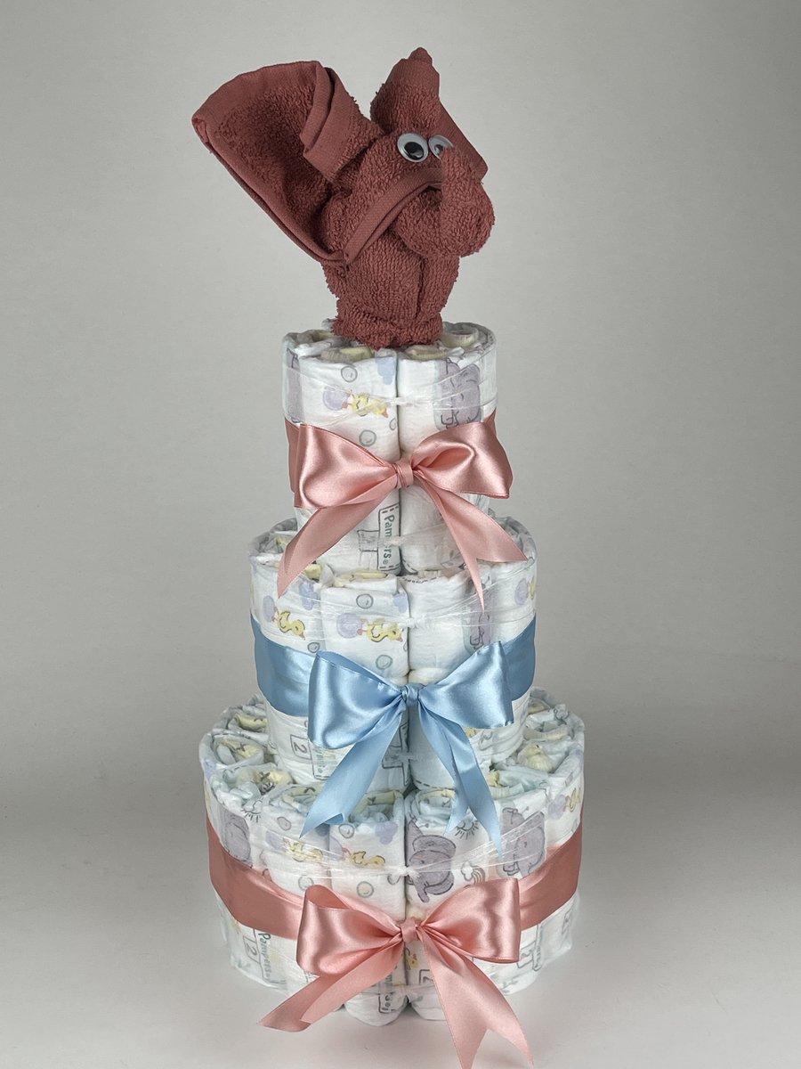 Chouette-Chouette | Luiertaart Neutraal | Kraamcadeau | Geboorte Jongen Meisje | Babyshower | Olifant Koper - donker Poeder Roze - Blauw