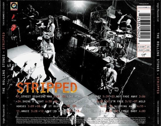 The Rolling Stones, live op het podium, publiek vooraan, albumtitel 'STRIPPED' in oranje letters.