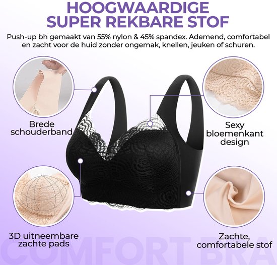 Zwarte push-up bh met kanten details, brede schouderbanden, 3D uitneembare pads en zachte stof.