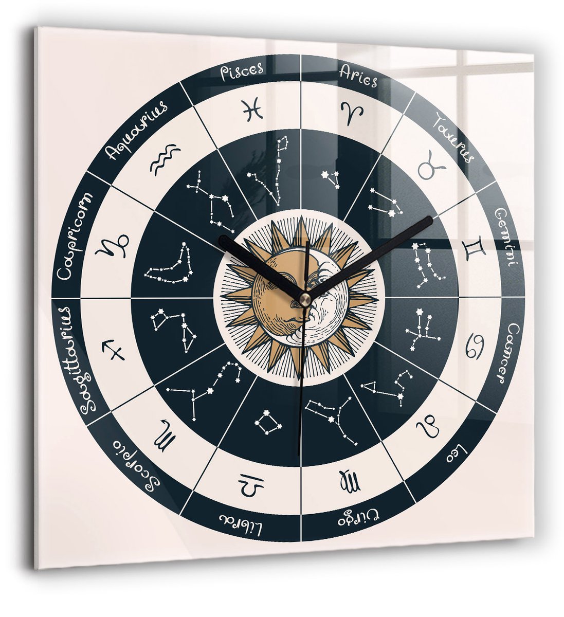 Wallfluent Wandklok - Dierenriemconstellaties Klok met Print - 60 cm x 60 cm - Veelkleurig Wandklok - Zwarte Handen - Wandklok zonder cijfers - Wandklok Glas Woonkamer - Klok met Print - Kunstzinnige Klok - Unieke Wandklok