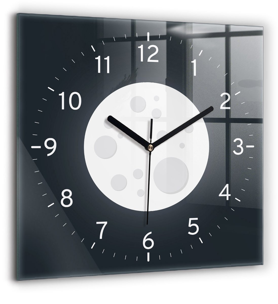 Wallfluent Wandklok - Volle maan Klok met Afbeelding - 60 cm x 60 cm - Zwart Wandklok - Zwarte Handen - Klok zonder getallen - Kinder Wandklok Glas - Klok met Print - Kunstzinnige Klok - Klok als Muurdecoratie