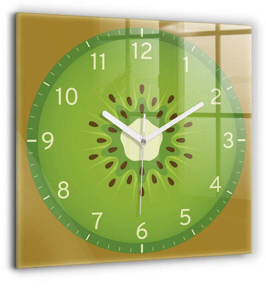 Wallfluent Wandklok - Kiwifruit Klok met Afbeelding - 60 cm x 60 cm - Groente Wandklok - Witte Handen - Klok zonder getallen - Wandklok voor in de Keuken - Klok als Muurdecoratie - Modieuze Klok - Klok als Muurdecoratie