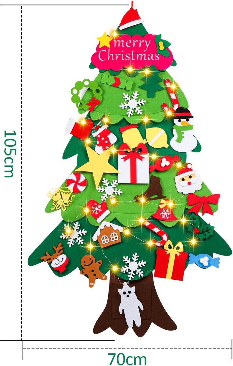Vilten kerstboom, wandversiering voor de feestdagen, voor op de voordeur, wand, kerstdecoratie, DHZ, vilten kerstboom met 33 stuks afneembare ornamenten, met verlichting – foto 2