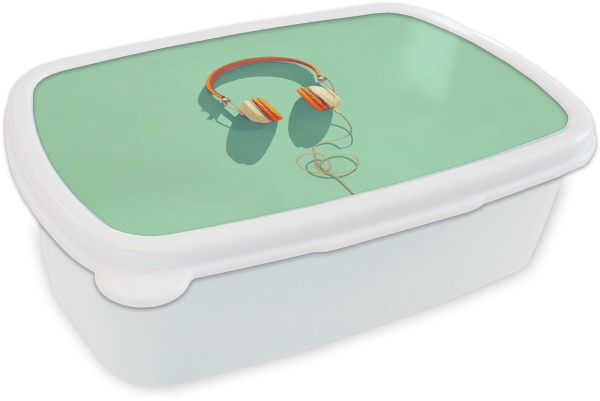 Broodtrommel Wit - Lunchbox Koptelefoon - Oranje - Snoer - Minimalistisch - Brooddoos 18x12x6 cm - Brood lunch box - Broodtrommels voor kinderen en volwassenen