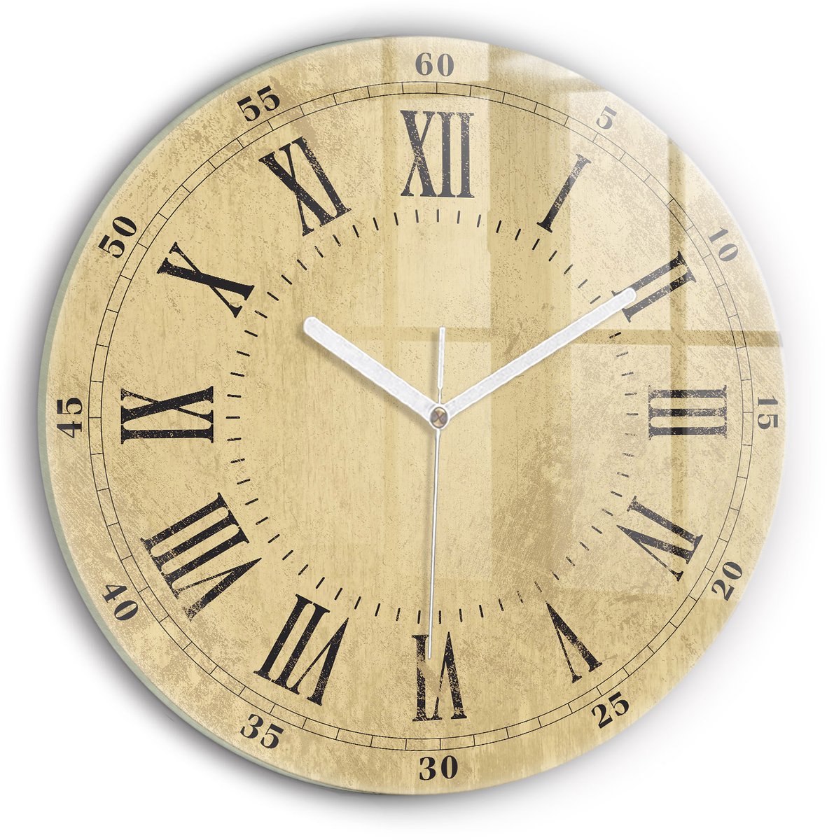 Wallfluent Wandklok - Bronzen Romeinse cijfers Decoratieve Wandklok - 30 cm x 30 cm - Geel Wandklok - Witte Handen - Wandklok zonder cijfers - Stille Wandklok Slaapkamer - Klok met Print - Kunstzinnige Klok - Klok met Print