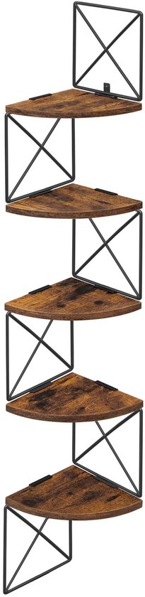 Étagère murale, étagère d'angle murale, étagère de rangement, étagère, bibliothèque avec 5 étagères flottantes, cadre en métal robuste, convient pour la chambre, le salon, la salle de bain, la cuisine et le bureau, 20 x 20 x 127,5 cm, marron et noir.