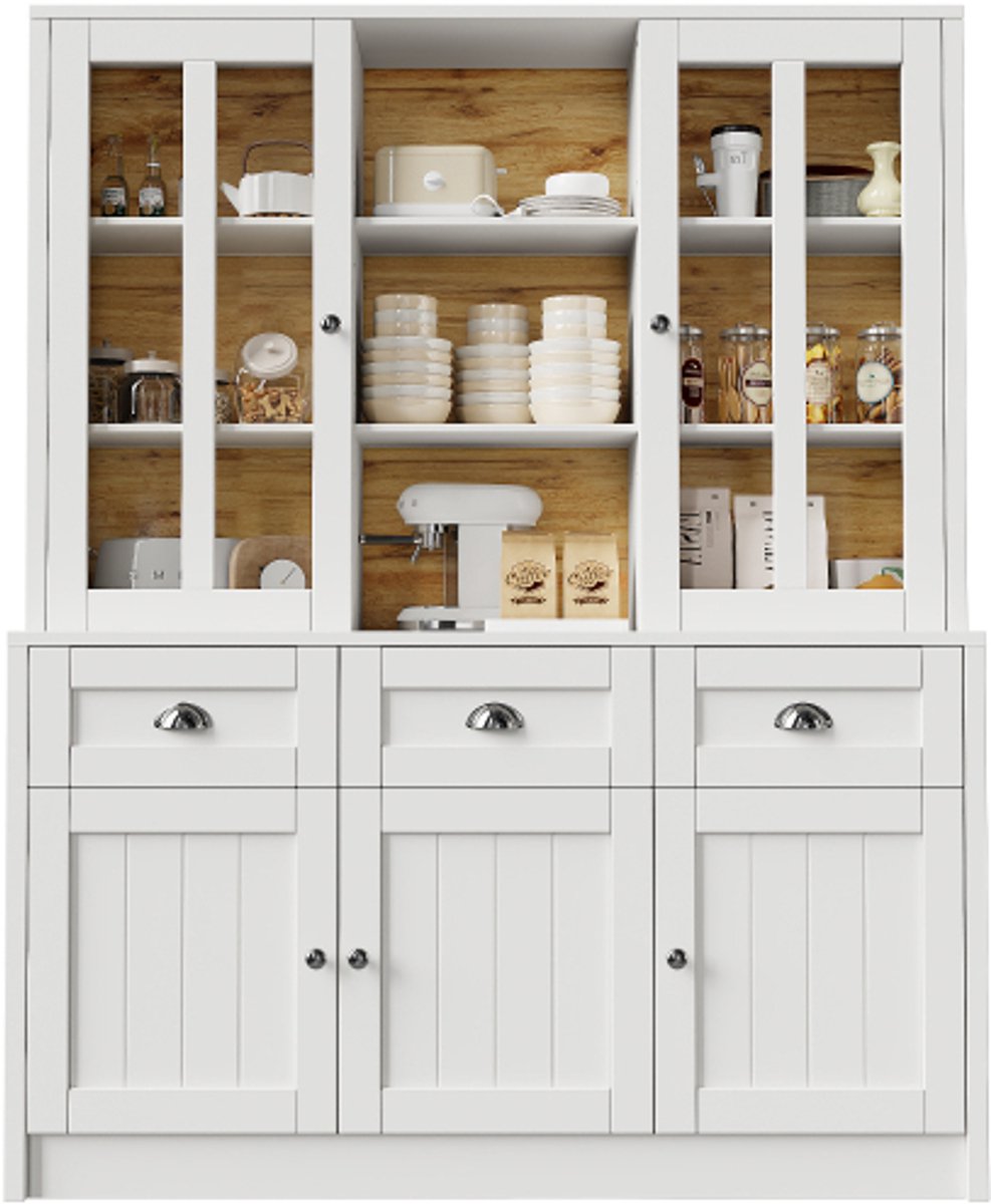 Hoge kasten voor de woonkamer (140×38,5×175cm), vitrinekast, keukenkast, eetkamerkast met lades, moderne minimalistische hoge kast, vrijstaande vitrinekast voor keuken, woonkamer, eetkamer, wit