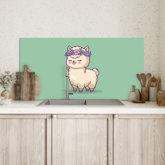 Spatscherm keuken 80x40 cm - Kookplaat achterwand Alpaca - Groen - Bloemendiadeem - Muurbeschermer - Spatwand fornuis - Hoogwaardig aluminium