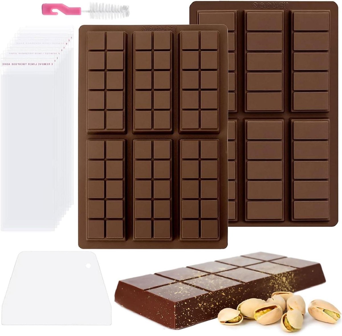 Brenzoos - Diepe Chocoladebakvorm Siliconen Vorm 2 Stuks - Anti-aanbak Fondantvorm Met Spatel en Zakjes - Bakvorm Chocoladebord - 100 Stuks