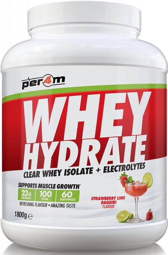 Foto: Per4m whey hydrate 1800g strawberry watermelon eiwitten helder eiwit