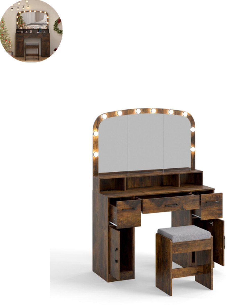 Kaptafel met spiegel en verlichting - Make up tafel - Make up - Toilettafel - Met lades - Rustiek bruin