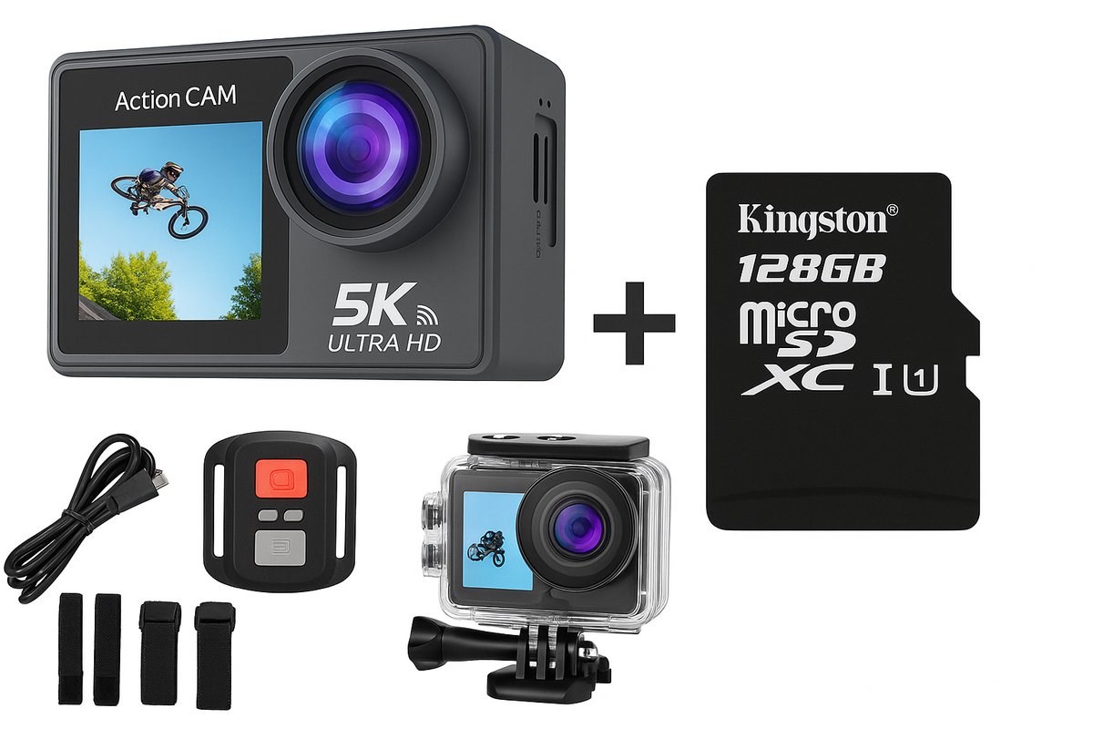 NexZone - Action Camera - Waterdicht 30m - 5K Ultra HD - Incl. 128GB SD Kaart - Actioncam - 60fps - Wifi - Onderwatercamera - Dubbel Scherm - Beelstabilisatie - Incl. Accessoires