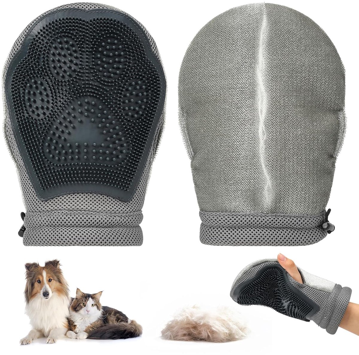 Kattenhandschoenen – Ontharingshandschoenen – Plakkerige haarhandschoenen, 2-in-1 dubbelzijdige huisdierhaarverwijderingshandschoenen, Statische haarmagnetische handschoenen met siliconenborstel voor honden en katten, Herbruikbare haarverwijderingsha
