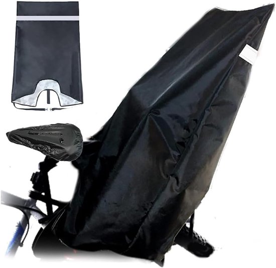 Zwarte waterdichte regenhoes voor een fietsstoeltje, met een apart hoesje voor het zadel en een kleinere afbeelding van de gesp.