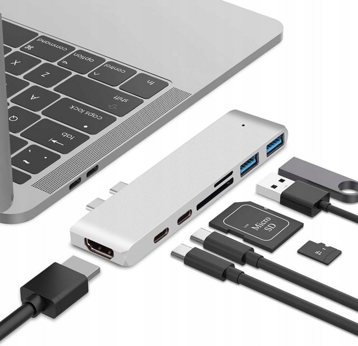 Laptop Hub Co2, 7In1 Voor Apple, Voor Macbook Pro , Voor Air Retina, Usb-C, Hdmi, Geheugenkaart Sd, Micro Sd, 1 X Hd, Zilver 0029
