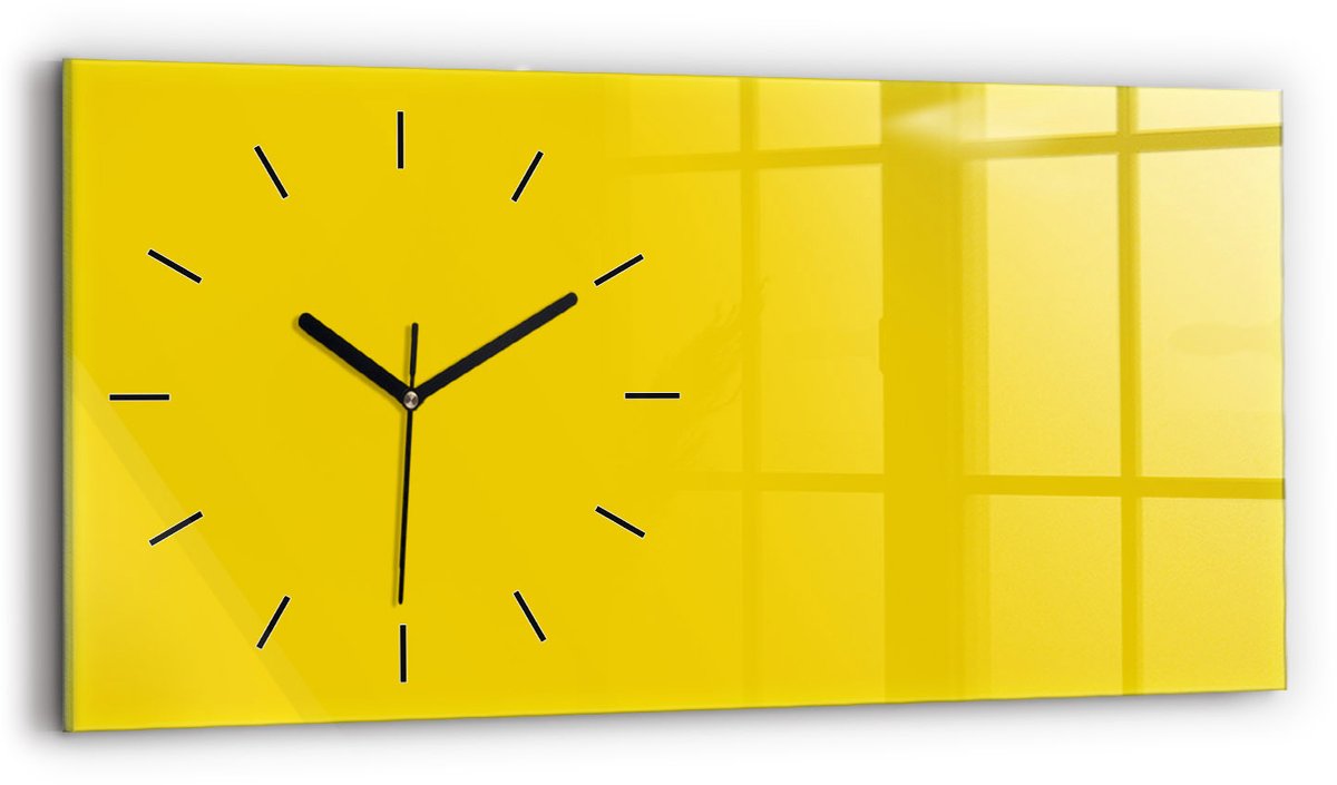 Wallfluent Wandklok - Geel Rechthoekige Glas Klok - 60 cm x 30 cm - Geel Wandklok - Zwarte Handen - Wandklok Zonder Cijfers - Stille Wandklok Slaapkamer - Rechthoekige Glazen Wandklok - Scandinavisch Wandklok - Glazen Klok Rechthoekige