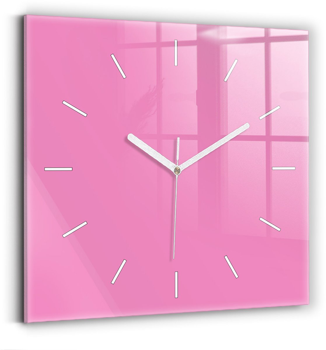Wallfluent Wandklok - Roze Vierkante Glazen Klok - 30 cm x 30 cm - Roze Wandklok - Witte Handen - Wandklok Zonder Cijfers - Wandklok voor in de Keuken - Vierkante Glazen Wandklok - Industrieel Wandklok - Vierkante Glas Klok