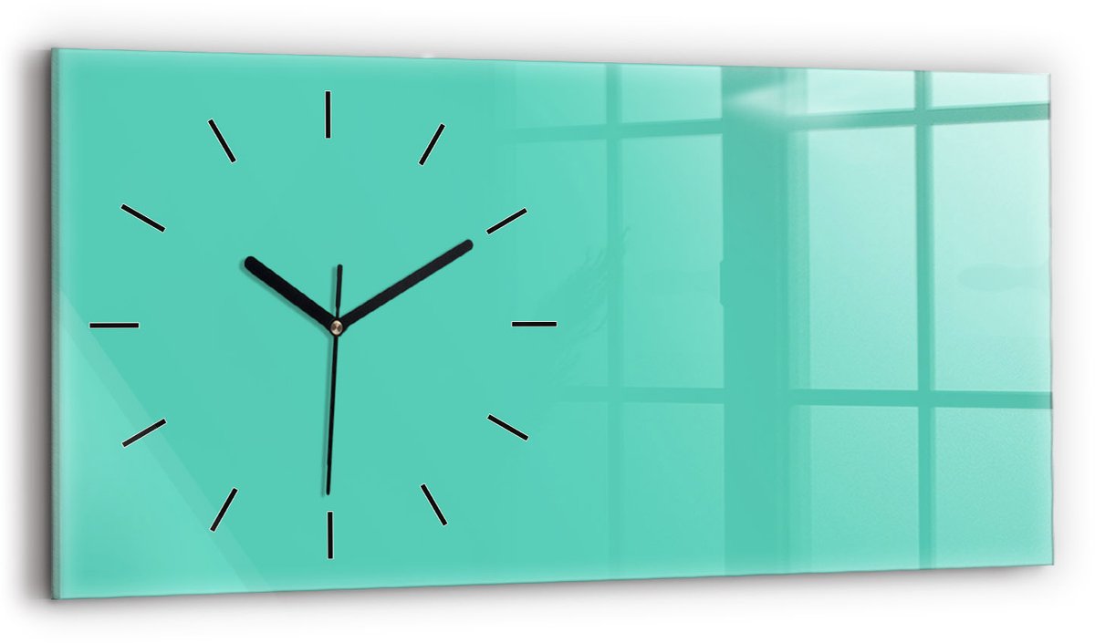 Wallfluent Wandklok - Turkoois Rechthoekige Glas Klok - 60 cm x 30 cm - Turkoois Wandklok - Zwarte Handen - Wandklok Zonder Cijfers - Wandklok Glas Woonkamer - Rechthoekige Glazen Wandklok - Scandinavisch Wandklok - Glazen Klok Rechthoekige