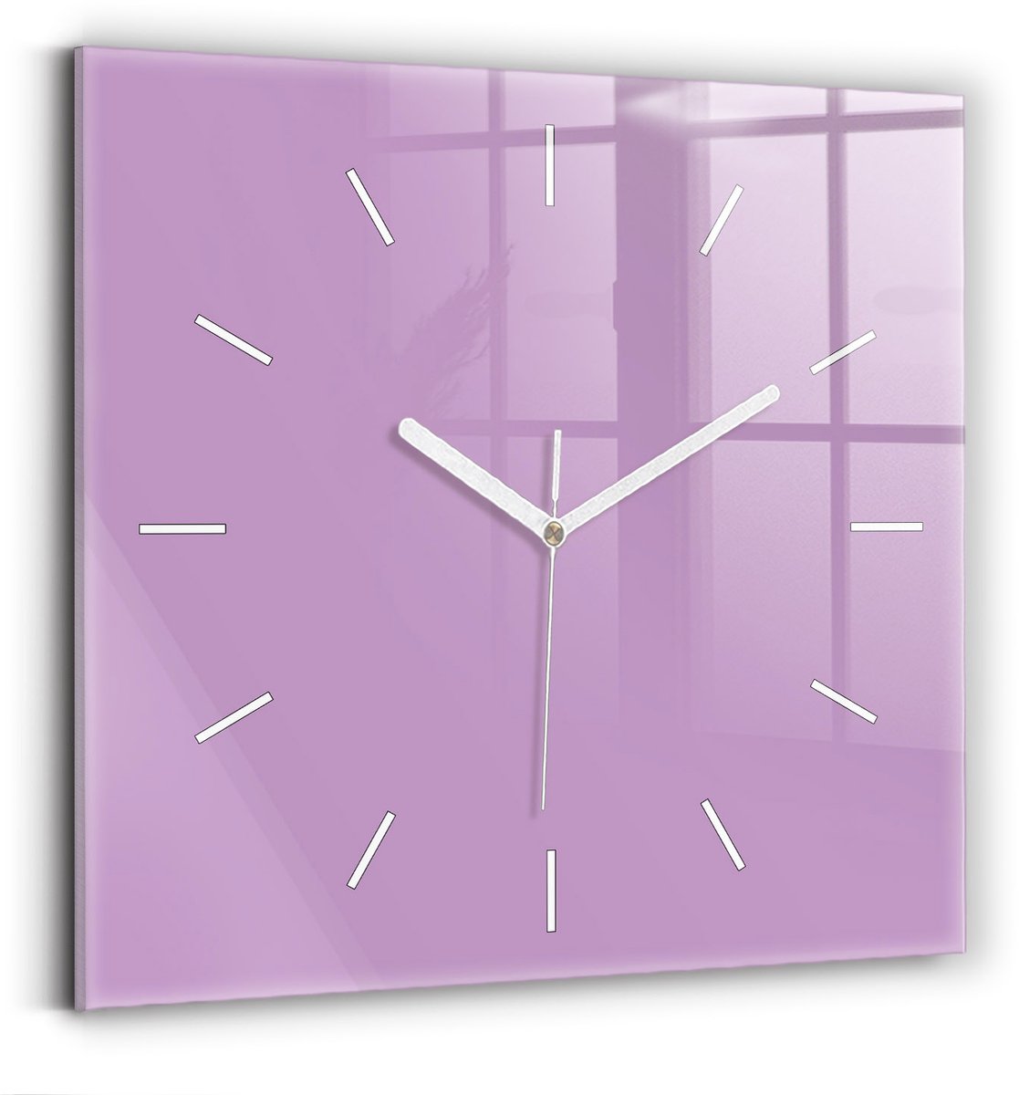 Wallfluent Wandklok - Lila Vierkante Glas Klok - 30 cm x 30 cm - Lila Wandklok - Witte Handen - Wandklok Zonder Cijfers - Stille Wandklok Slaapkamer - Vierkante Glazen Klok - Minimalistisch Wandklok - Vierkante Glazen Wandklok
