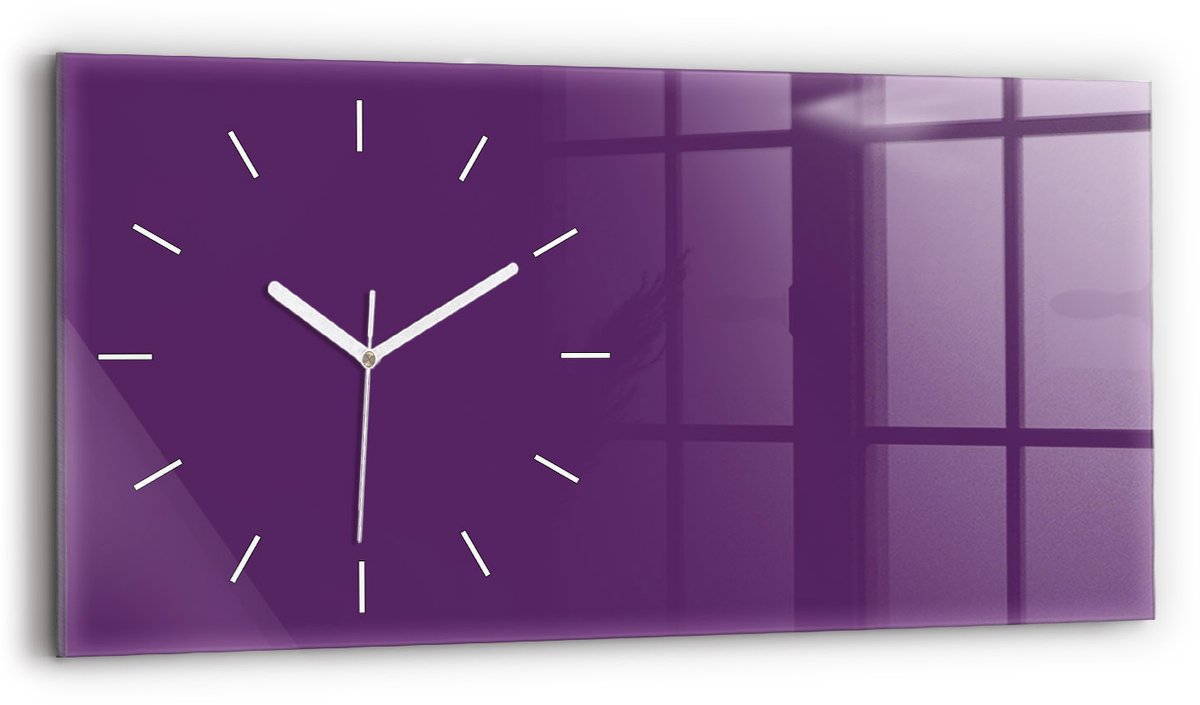 Wallfluent Wandklok - Paars Glazen Klok Rechthoekige - 60 cm x 30 cm - Paars Wandklok - Witte Handen - Wandklok Zonder Cijfers - Kinder Wandklok Glas - Rechthoekige Glas Klok - Industrieel Wandklok - Rechthoekige Glazen Wandklok
