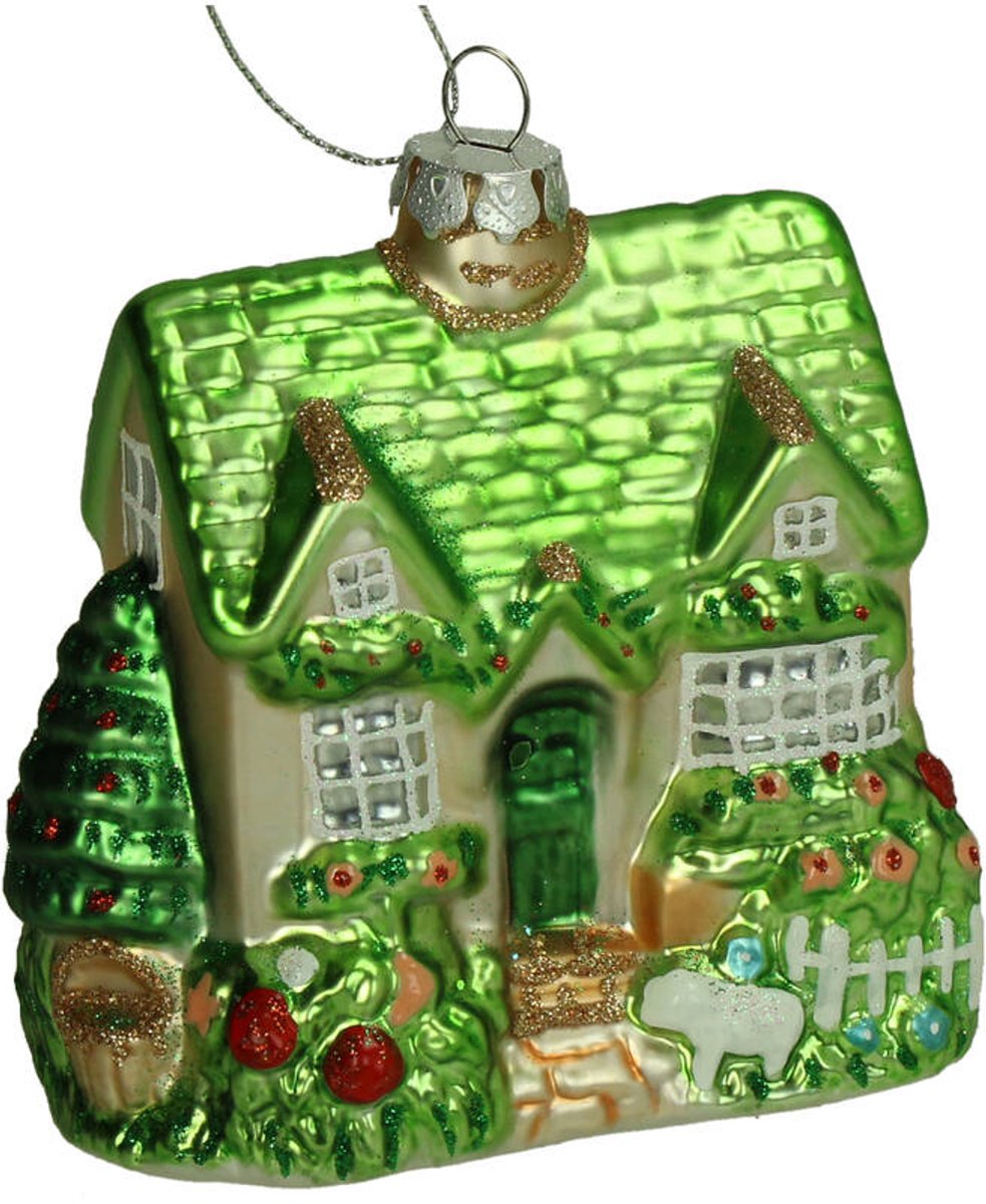 HD Collection glazen kerstornament kerst hanger groen kerst huisje 11.7 cm