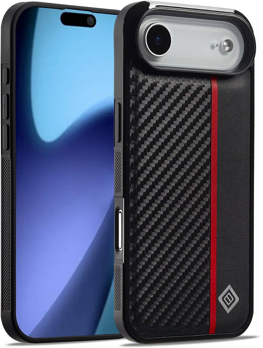Zenzotek Hoesje Geschikt voor iPhone 17 Air - Telefoonhoesje - Koolstofvezel textuur leer - Zwart