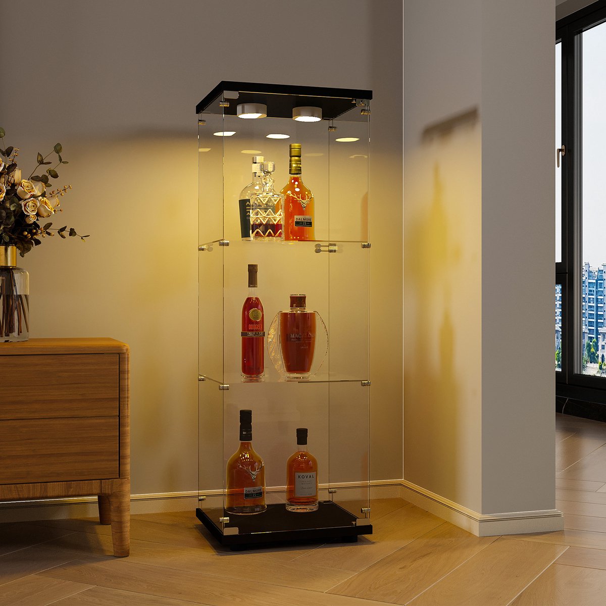 Glas Vitrinekast Wit 125x42x36 cm – Moderne Staande Vitrine met 3 Planken en LED, ESG Gehard Glas voor Collecties, Boeken of Wijn