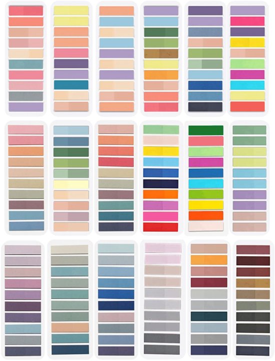 Een raster van 21 sets met elk 10 verschillende kleuren sticky tabs, variërend van pastel tot levendige tinten.