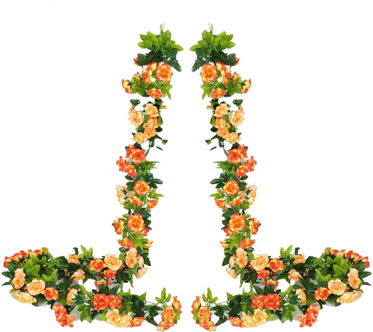 JeiibrZui Rode Bloemenslinger - Oranje Bloemenkrans - Tweekleurige Zijden Rozen Decoratie voor Buitenshuis en Thuis - 2 Stuks - Bruiloft/Entree/Rood