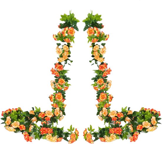 Guirlande de fleurs rouges JeiibrZui - Couronne de fleurs Oranje - Décoration bicolore en soie rose pour l'extérieur et la maison - 2 pièces - Mariage/Entrée/Rouge