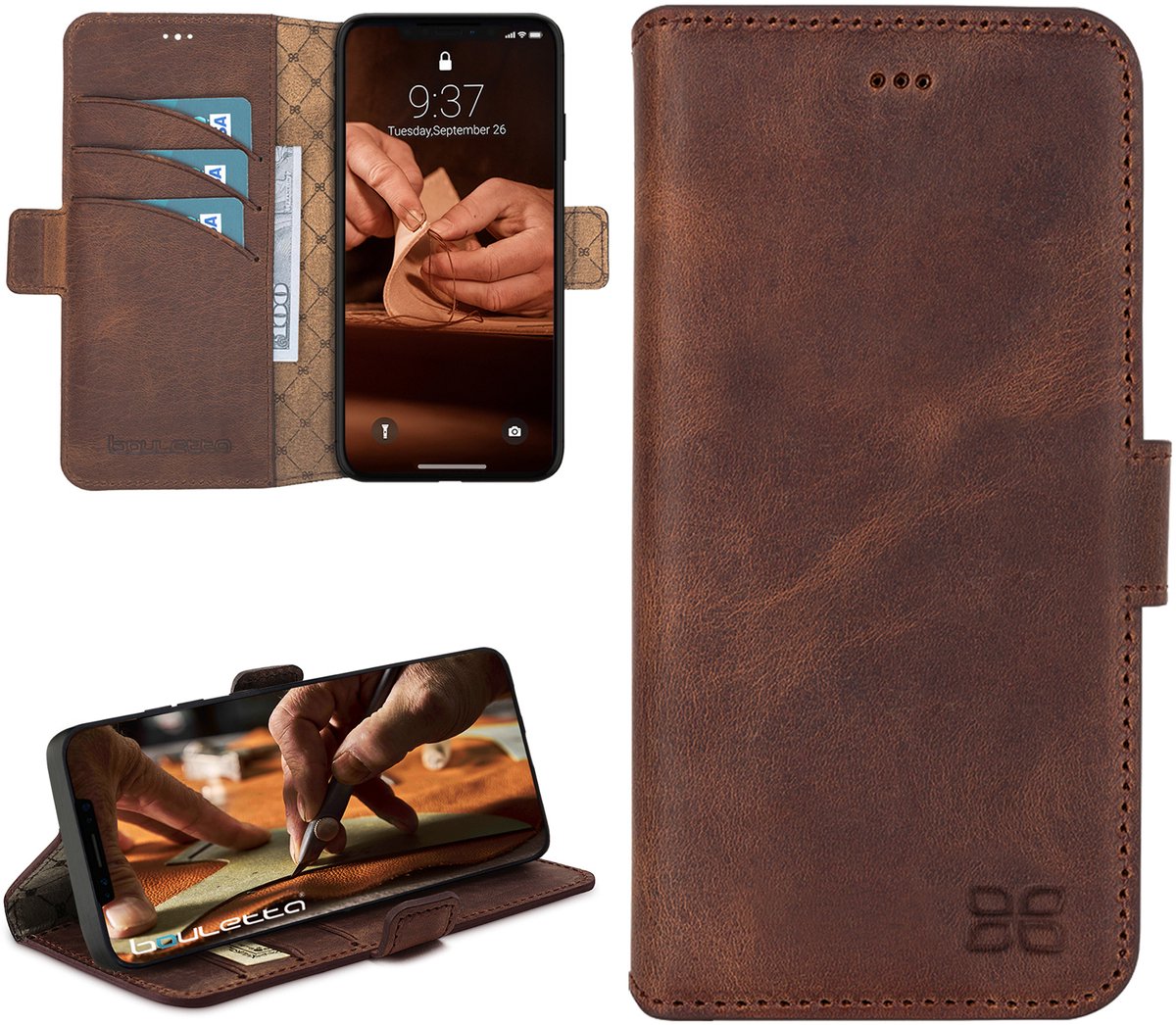 Pulledro geschikt voor iPhone Air lederen Bookcase - Echt leer · Handgemaakt · Standfunctie - Antic Coffee