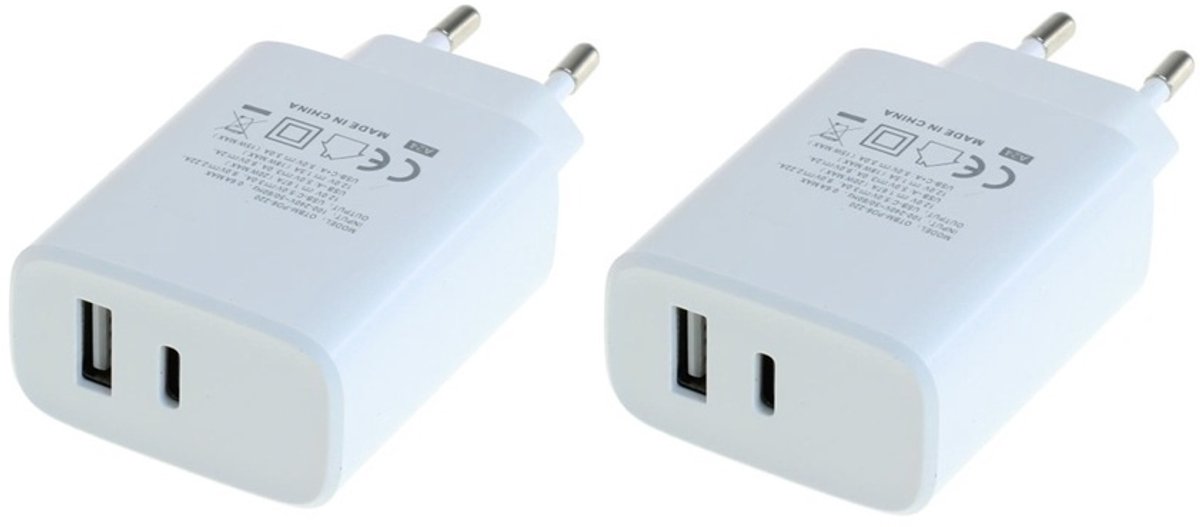 2 stuks OneOne 20W snellader met 2 poorten. Witte oplader met USB C en USB A. PD en Quick Charge lader adapter past op Apple iPhone 13 Mini, iPhone 13 Pro, iPhone 13 Pro Max, iPhone 14, iPhone 14 Plus, iPhone 14 Pro, iPhone 14 Pro Max