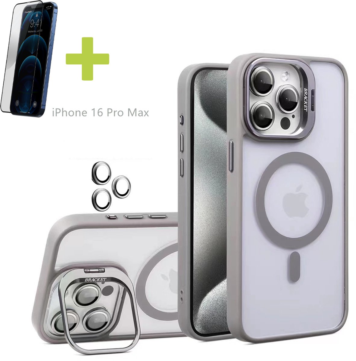 Standaards Hoesje voor iPhone 16 Pro Max, Compatibel met MagSafe Hoes, Acryl + TPU Case met Metaal Camerafolie, Transparant, Grijs - Screenprotector